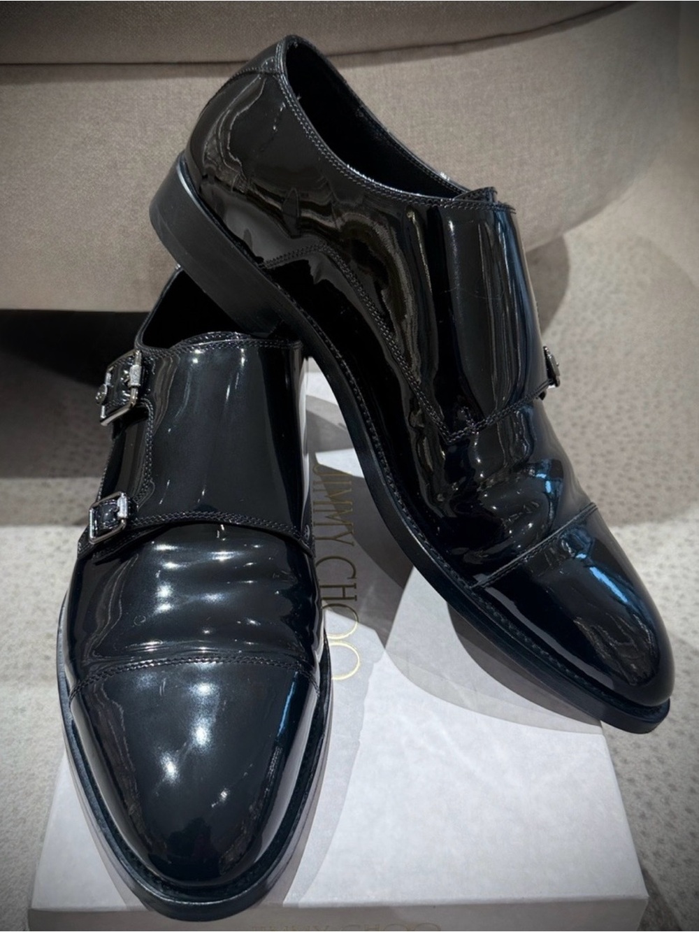 Jimmy Choo Black Patent Leather Double Monk Strap Oxfords